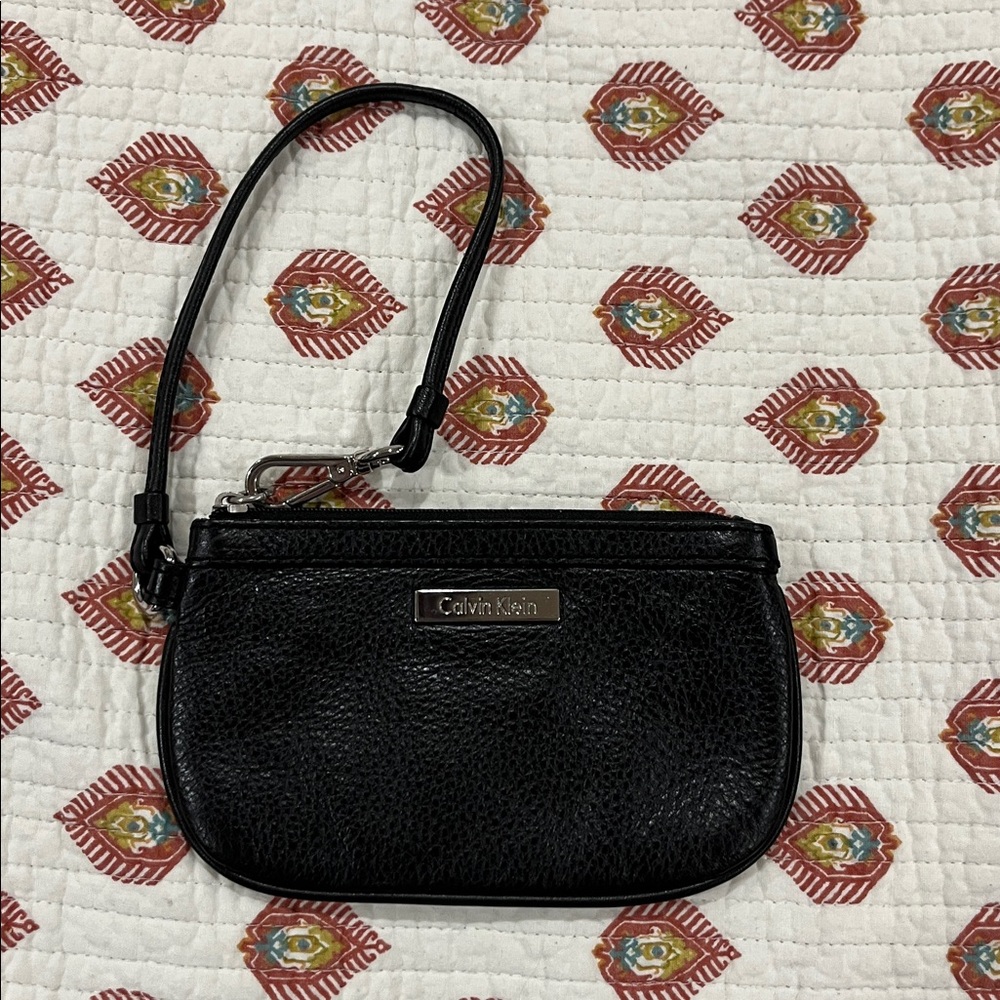 Calvin Klein Textured Black Leather Wristlet